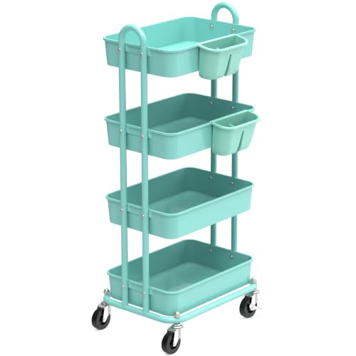 Simple Houseware 4-Tier Rolling Utility Cart with Hanging Bucket, Turquoise - color: Turqoise, size: 4-Tier