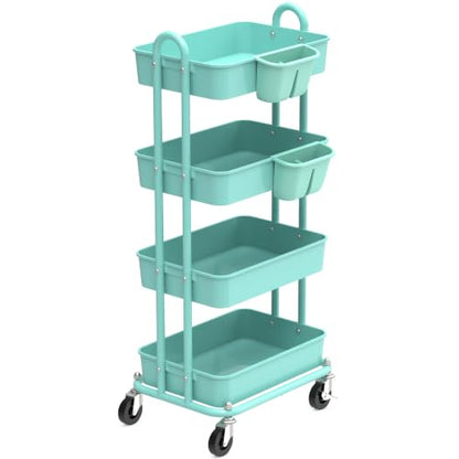 Simple Houseware 4-Tier Rolling Utility Cart with Hanging Bucket, Turquoise - color: Turqoise, size: 4-Tier