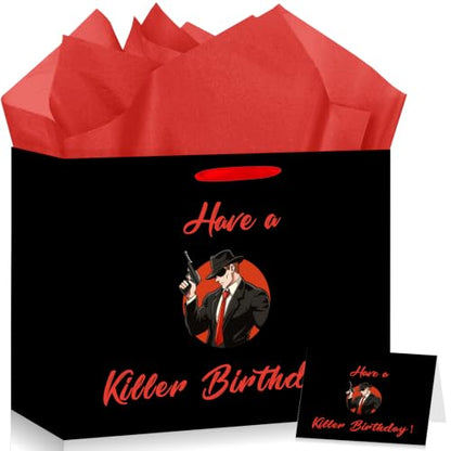 Hkshaoda Secret Agent Birthday Gift Bag Set with Card & Tissue Paper - Double Sided Have a Killer Birthday & Happy Birthday Secret Agent Large Black Gift Bags for Men Guys Husband Friend
