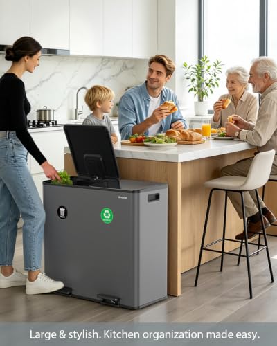 Dual Trash and Recycling Bins for Kitchen, 2*13.2 Gal Dual Trash Can, Gray - color: Gray, size: 2 * 13.2 Gallon