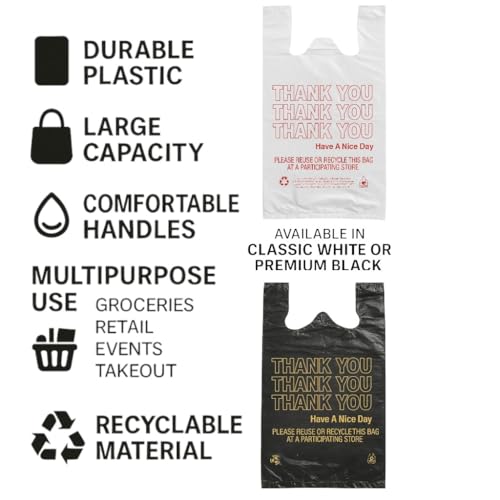 Thank You Plastic Bags with Handles – White & Black – 50 to 1000 Count – 11.5x6.5x21” Heavy-Duty Grocery, Retail, Restaurant, Convenience Stores – Durable for Takeout (50, BLACK)
