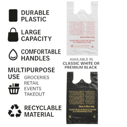 Thank You Plastic Bags with Handles – White & Black – 50 to 1000 Count – 11.5x6.5x21” Heavy-Duty Grocery, Retail, Restaurant, Convenience Stores – Durable for Takeout (50, BLACK)
