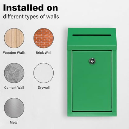 EIENHOSHI Metal Donation Box with Lock, Wall Mounted, Suggestion Box with 4 Iron Keys, Green, Cash Drop Box with Slot, 1-Pack - color: Green