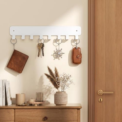 pickpiff Key Holder Wall Mount, Adhesive Key Rack with 8 Hooks Hanger for Car Key Ring, Metal Key Chain Organizer, White 1 Pack - color: White