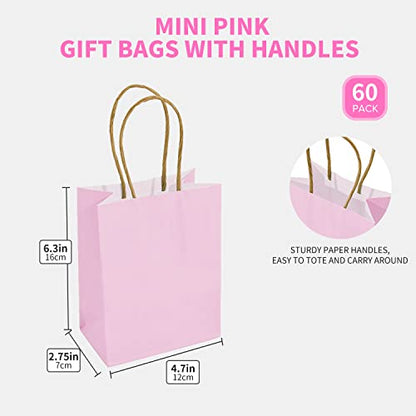 DjinnGlory 60 Pack Mini Pink Paper Bags with Handles Bulk 6.3x4.7x2.75 Inch for Birthday Wedding Baby Shower Party Favors, Treats, Goodies, Christmas Gifts, Tiny Small Business Bags - color: Pink