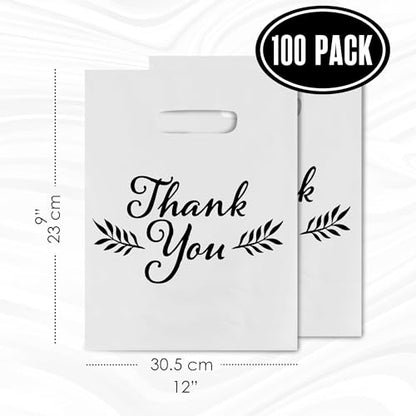Thank You Bags, Merchandise Bags, With Handles, White 9”x12” Bulk 100 Pk - color: White, size: 9" x 12"