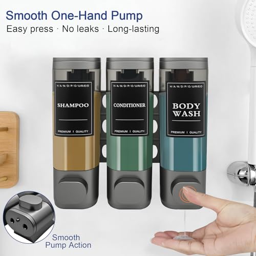3-Chamber Wall Mount Shower Dispenser, No-Drill or Drill Install for Shampoo, Conditioner, Body Wash, Refillable Soap Dispenser for Home, RV & Hotel, Eco-Friendly & Compact (Gunmetal Gray) - color: Gunmetal Gray