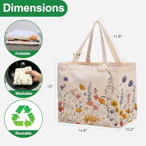 Aesthetic Canvas Reusable Grocery Bags Heavy Duty, 8.3 gal Foldable Large Tote Bag with Handles, Holds 60 lbs & Washable Eco-friendly Bags with 5 Pockets, Beige with a print 1 Bags（Wildflowers） - color: [A4] Flower, size: 1 Pack