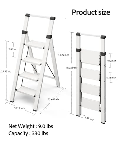 Taranta 4 Step Ladder,Lightweight Aluminum Step Stool Foldable -White - color: White, size: 4 Step