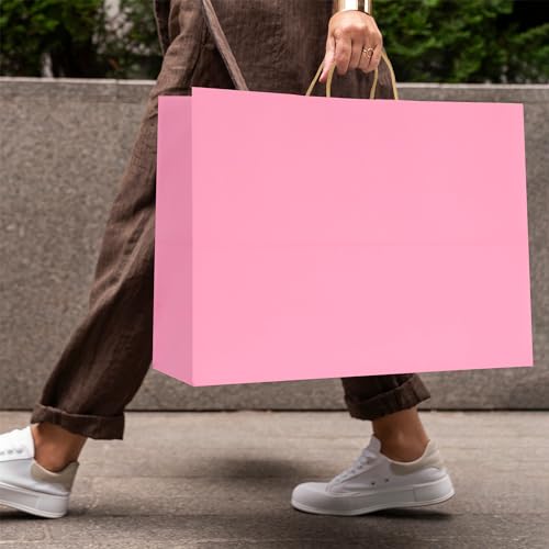 BLEWINDZ 50Pcs Pink Gift Bags Large 16x6x12 Inches Kraft Paper Bags with Handles Bulk – Goodie Bag Shopping Bag for Grocery Merchandise - color: Pink