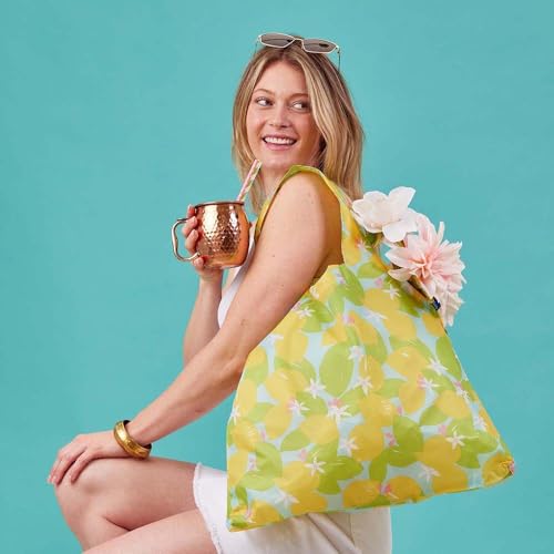 rockflowerpaper Reusable Grocery Bags - Washable, Foldable, Packable Tote, Large Handles, Heavy Duty, Zippered Top Pouch - color: Lemon Blossoms