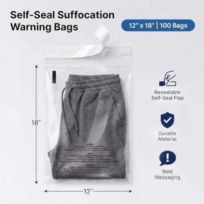 12” X 18” (100 Count) Self Seal Clear Poly Bags with Suffocation Warning - size: 12" X 18"