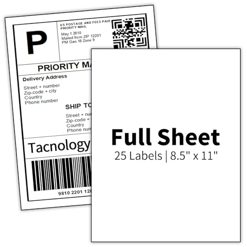 25 Sheets 25 Labels 8.5" x 11" Full Sheet Label Sticker Paper for Laser & Inkjet Printers, Multipurpose White Label Sticker Sheets, Full Page Shipping Labels - color: Full Sheet | 8.5" X 11" | 25 Labels