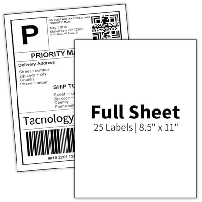 25 Sheets 25 Labels 8.5" x 11" Full Sheet Label Sticker Paper for Laser & Inkjet Printers, Multipurpose White Label Sticker Sheets, Full Page Shipping Labels - color: Full Sheet | 8.5" X 11" | 25 Labels