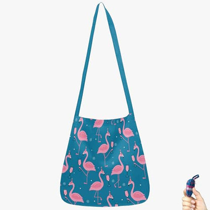 BeeGreen Reusable Grocery Shopping Bag -Travel Tote Bag - Foldable Compact Sturdy Bags - color: Blue Festival Flamingo