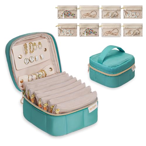 KarSyon Travel Jewelry Case Organizer Boxes with 8 Velvet Zipper Pouches - color: Teal, size: Small