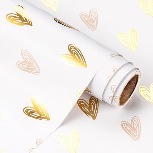 WRAPAHOLIC Heart Wrapping Paper Roll - Mini Roll - 17 Inch x 16.5 Feet - Gold Foil Heart Design for Valentines Day, Wedding, Bridal Shower, Birthday, Baby Shower - color: Pink & Gold - Heart, size: 17 inch x 16.5 feet