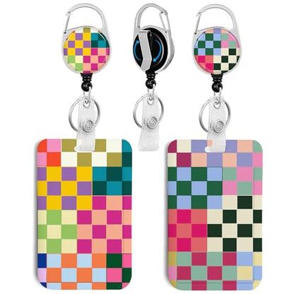 2 Pack Colorful Checkered ID Badge Holder with Clip Badge Reels - color: 2 Pack-colorful Checkered
