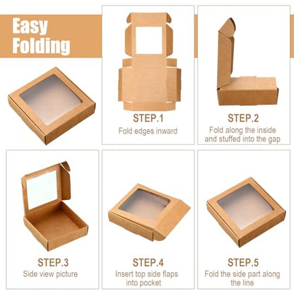 Zonon 30 Pcs Kraft Paper Boxes with Window 4.13 x 4.13 x 1.18inch (3 Color) - color: Brown, Black, White