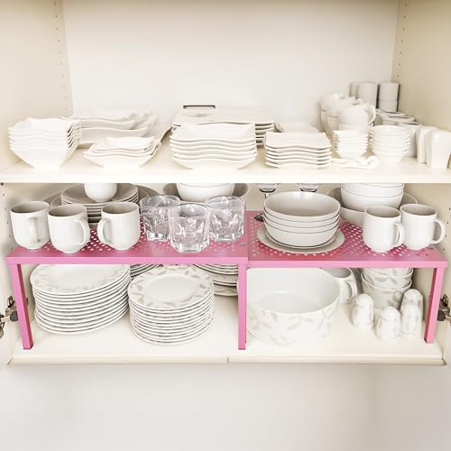 Simple Houseware Expandable Stackable Kitchen Counter Shelf Organizer, Pink, Metal Top, 11.25 in L x 7.9 in W x 5.4 in H - color: Pink