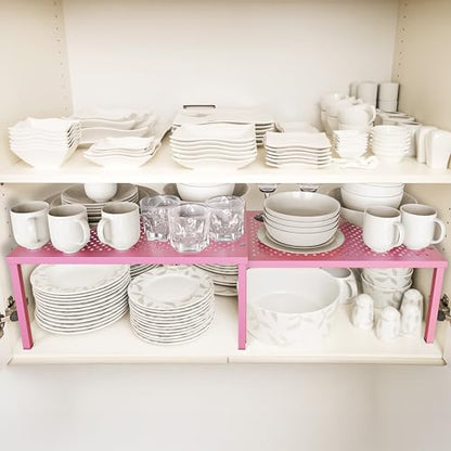 Simple Houseware Expandable Stackable Kitchen Counter Shelf Organizer, Pink, Metal Top, 11.25 in L x 7.9 in W x 5.4 in H - color: Pink