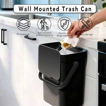 Compost Bin Kitchen, for use on Countertops or Under Sinks, Hanging Trash Can with Lid, Mountable Indoor Compost Bucket, for Cupboard/Bathroom/Bedroom/Office/Camping (Black 0.8 Gallon/3L)