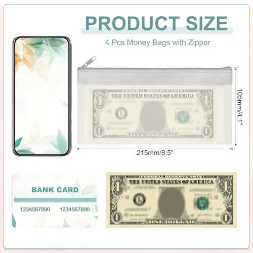 PATIKIL 8.5x4 Inch Money Bags with Zipper, 4Pcs Clear PVC Cash Deposit Bank Pouch Envelopes Check Wallet for Coin Cosmetics Invioce Bill, Gray - color: Gray