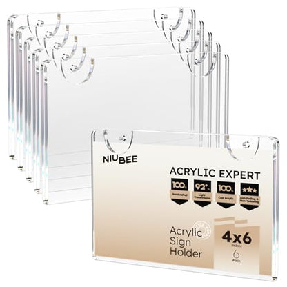 NIUBEE Acrylic Sign Holder 4x6 Horizontal Wall Mount 6 Pack - size: Horizontal 6 Pack 4" x 6"