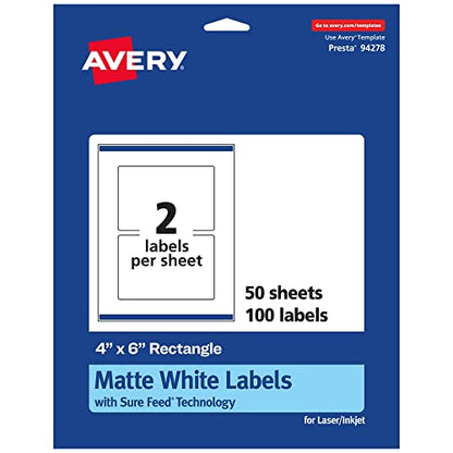 Avery® Matte White Rectangle Labels, Sure Feed® Technology, 4" x 6", 100 White Labels, Print-to-The-Edge, Permanent Adhesive, Laser/Inkjet Printable - style: 100 labels