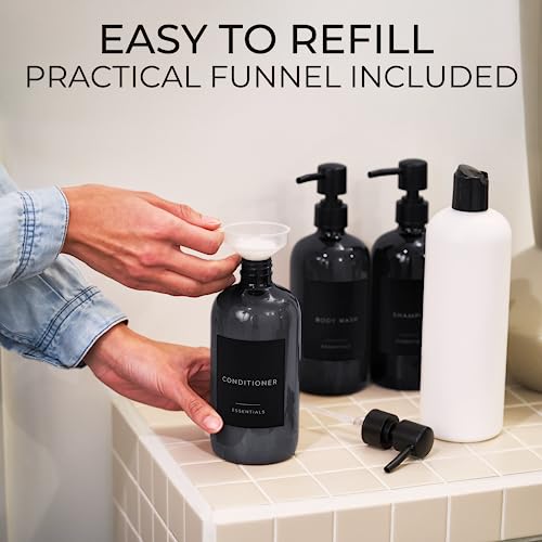 Stylish Shampoo & Conditioner Dispenser Set of 3 - Black 21oz Bottles - color: Black