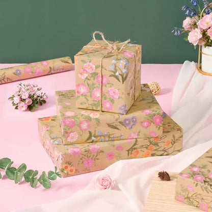 WERNNSAI Kraft Floral Wrapping Paper 17 In x 33 Ft Wild Flower Gift Wrap - color: Spring Wildflowers