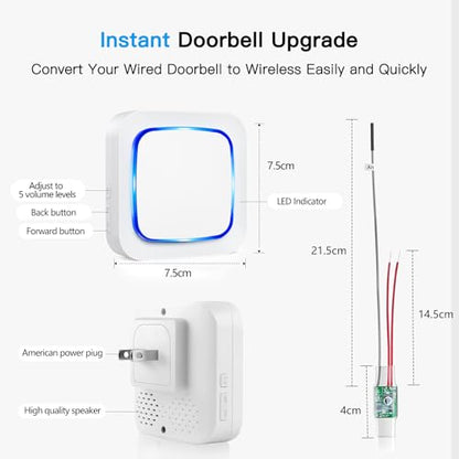 Wireless Doorbell Chime Extender for Google Nest Doorbell (Wired 2nd & 3rd Gen) & Nest Doorbell (Battery), Connects to Existing Hardwired Doorbell, Receiver with Wired Transmitter, 58 Chimes 5 Volume