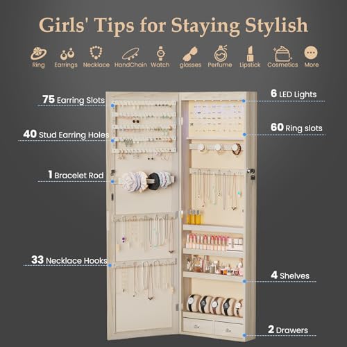 DUMOS 6 LEDs Mirror Jewelry Organizer Cabinet, Jewelry Armoire, 47.2 Inch - color: Khaki