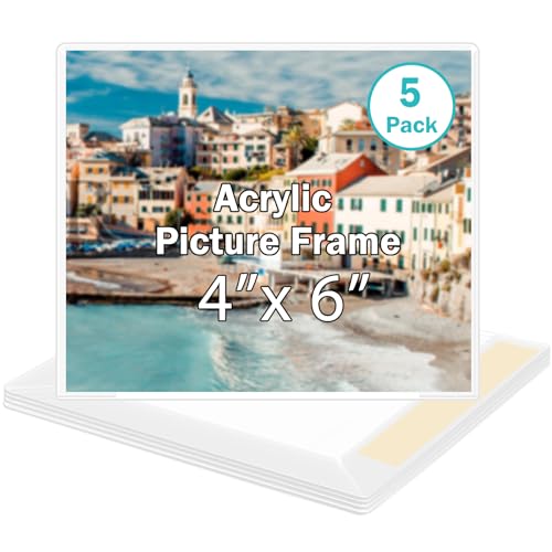 4x6 Acrylic Picture Frame, Clear Frameless Photo Frame for Wall Mount, No Drilling Picture Frames with Tape, Pack of 5 Floating Hanging Picture Frames for Home, School, Office - size: 5 Pack 4 x 6 Inches
