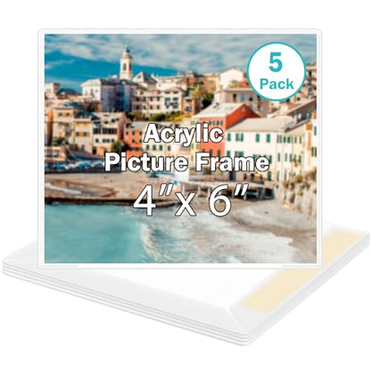 4x6 Acrylic Picture Frame, Clear Frameless Photo Frame for Wall Mount, No Drilling Picture Frames with Tape, Pack of 5 Floating Hanging Picture Frames for Home, School, Office - size: 5 Pack 4 x 6 Inches