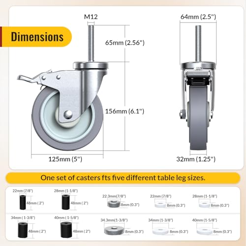 HOLKIE Caster Wheels Locking 5 Inch Expanding Stem Casters, Threaded Swivel Casters Set of 4 Heavy Duty Castors, Fit 1", 1-1/4", 1-2/5",1-1/2", 1-5/8" ID Stainless Steel Table, Cart, Furniture Legs - style: 5 Inch