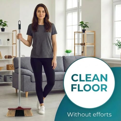HELOMOR Indoor Broom with Dustpan Combo Set, Long Handle Floor Sweeping Broom for Kitchen, Garage, Office, Bathroom, Wood & Parquet Floors (2 Pack)