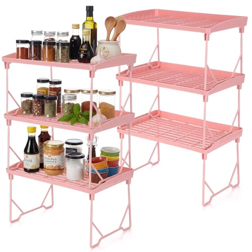6 Pack Pink Stackable Plastic Kitchen Storage Shelf Foldable Racks, Pantry Shelf Cabinet Organizers, Expandable Storage Rack for Cabinet Fridge Bathroom (Plastic) - color: Pink