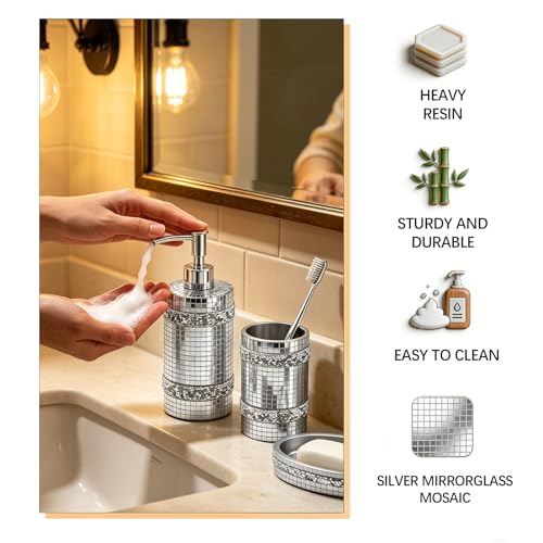 Silver Bathroom Accessories Set, Mosaic Decoration 4-piece Set - size: 4 Pc Set