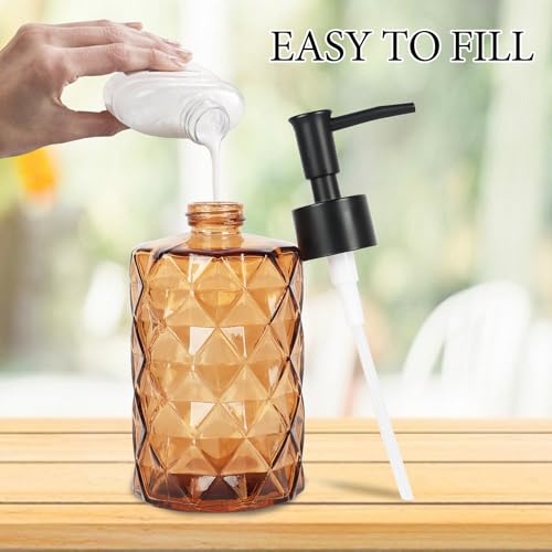 Brown Glass Soap Dispenser, 11 Oz/330ml Liquid Hand Soap Dispenser Set for Kitchen Sink and Bathroom, Dish Lotion Dispenser Set, Diamond Lotion Bottles with Black Pump&Funnel - color: Brown&black