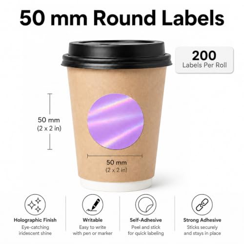 Round Holographic Purple Thermal Label 2 Inch Vinyl Sticker 200 PCS - color: Holographic Purple, size: 2 × 2 Inch