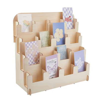 SUPERFINDINGS Sticker Display Stand 4-Tier 16-Slot 14.17x15.74inch Wooden Display Riser Stands Counter Retail Display Rack Postcard Display Stand for Postcard Brochure Photos Picture - size: 14.17x15.74inch
