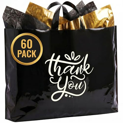 19x15 Large Thank You Bags for Small Business - Shopping Bags with Handles - color: Black