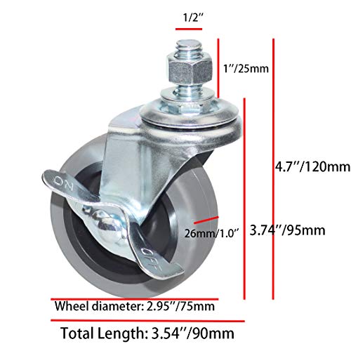 Caster Wheels, Heavy Duty Casters Threaded Stem Casters No Noise Swivel Casters Set of 4 Locking Castor Wheels for Funiture, Workbench, Carts (3 Inch, American Size 1/2''-13×25mm) - style: 1/2''-13×25mm