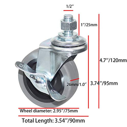 Caster Wheels, Heavy Duty Casters Threaded Stem Casters No Noise Swivel Casters Set of 4 Locking Castor Wheels for Funiture, Workbench, Carts (3 Inch, American Size 1/2''-13×25mm) - style: 1/2''-13×25mm