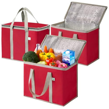 VENO 3 Pack Cooler Bag Insulated Grocery Bags for Food Delivery Heavy Duty - color: Red, size: 3 Pack