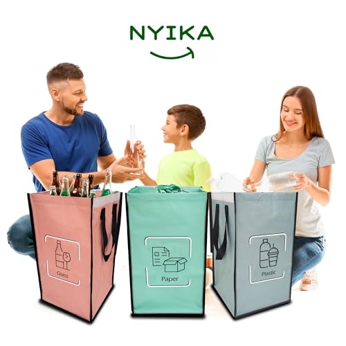 NYIKA - Recycling Organizer - Reusable Recycling Bags - Recycling Sorter - Trash Sorting Bins - 3 Compartment Recycle - Pack of 3 Bags with Lid