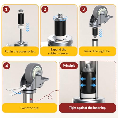 HOLKIE Caster Wheels Locking 4 Inch Expanding Stem Casters, Threaded Swivel Casters Set of 4 Heavy Duty Castors, Fit 1", 1-1/4", 1-2/5", 1-1/2",1-5/8" ID Stainless Steel Table, Cart, Furniture Legs - style: 4 Inch