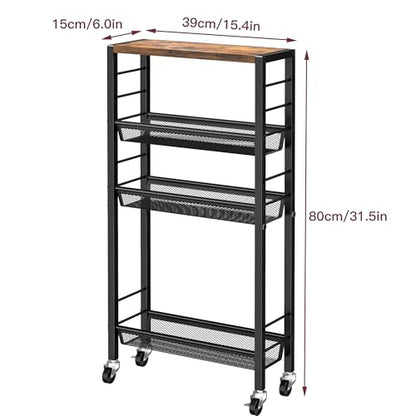 Slim Rolling Cart, 4-Tier Narrow Kitchen Storage Cart, Slim Utility Cart on Wheel, Skinny Bathroom storage cart with Wood Tabletop, 6.0" Deep, For Kitchen, Dining Room, Living Room, Laundry Room - color: Rustic Brown