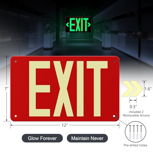 Photoluminescent Aluminum Exit Sign Red Glow in The Dark, 12x7 In Self-Adhesive Backing Emergency Exit Sign Sticker with Removable Arrows, Non-Electrical for 50 Feet Visibility (1 Pack) - color: 1 Pack
